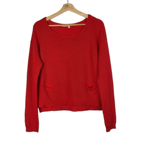 Rachel Roy Red Wide Round Neck Pocket Front Knit Sweater L - Picture 1 of 4